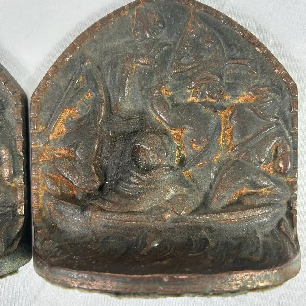 Vintage Cast Iron‎ Bookends of Washington Crossing The Delaware CT Mark Patina